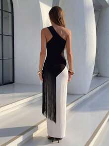 Firerie 女士优雅浪漫精致简约端庄舞会派对婚礼宾客约会度假黑白撞色流苏修身连衣裙，春夏款 - 黑與白 - 查看 2