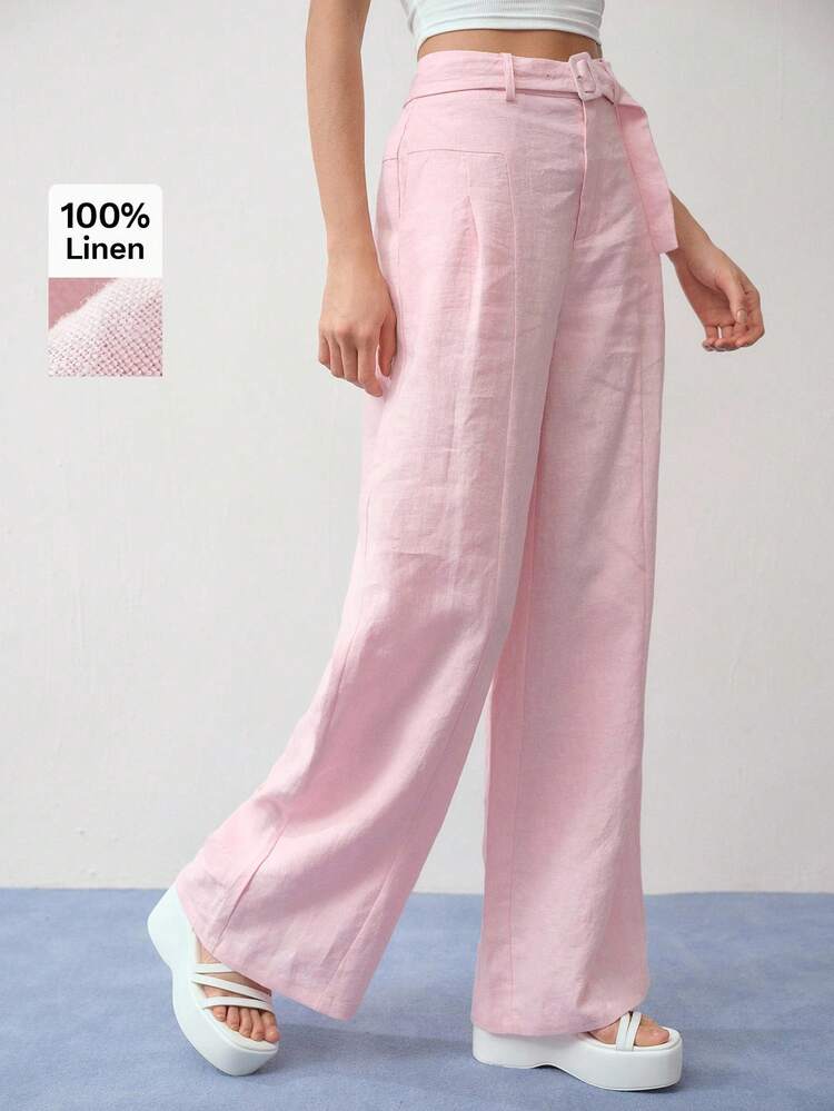 MOTF STUDIO 100% LINEN FOLD PLEATED SLANT POCKET BELTED WIDE LEG PANTS, EVERYDAY