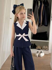 Busana Anak Perempuan, Atasan Tanpa Lengan Berkerah dengan Blok Warna Dipadukan dengan Celana Kasual Serbaguna, Cocok untuk Berpergian, Jalan-jalan, Gaya Kasual Chic, Musim Panas - Navy Blue - View 4
