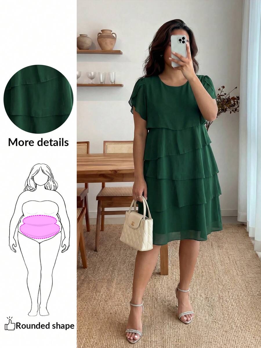Enliva 大码女式纯色圆领荷叶边下摆宽松休闲连衣裙 - 墨綠色 - 查看 1