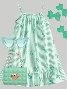 SHEIN Đầm hai dây bằng vải dệt, có nơ và sọc, in kỹ thuật số, viền xếp ly, thích hợp cho bé gái mặc hàng ngày vào mùa hè, đi chơi, du lịch, nghỉ mát, dự tiệc. - màu xanh lá - Xem 3