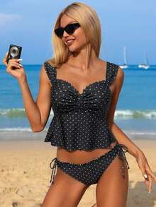 Swim Mod Women's Fashion Polka Dot Floral Trim Decorated Camisole & Bikini Set, Suitable For Summer Beach Vacation - Black and White - View 4