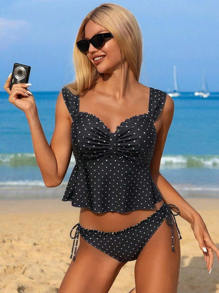 Swim Mod Women's Fashion Polka Dot Floral Trim Decorated Camisole & Bikini Set, Suitable For Summer Beach Vacation - Black and White - View 1