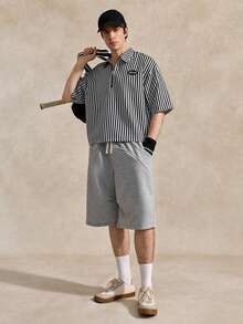 Courvante TOKUVE Herren Casual Poloshirt, Schwarz, Jung & Modisch mit Reißverschluss-Leiste, Minimalistisches gestreiftes Material, Inspiriert von Ins, Geschenk oder Freund - Schwarz - Übersicht 2