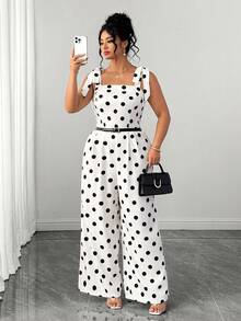 Elenzga Plus Size Women's Elegant Polka Dot Print Tie-Front Jumpsuit, Summer - Black and White - View 3