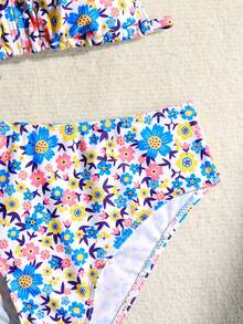 SHEIN Tween Girls Tankinis Random Ditsy Floral Printed Beachwear Set For SummerKIDS - Blue - View 3