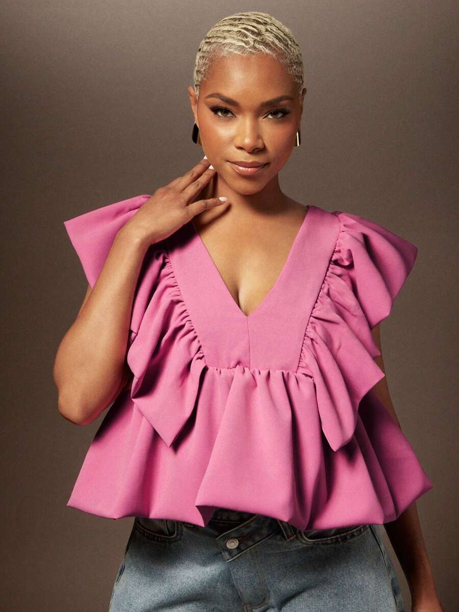 Solid Woven V Neck Ruffle Petal Sleeve Peplum Hem Top - Dusty Pink - View 1
