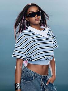 Asymmetrical Collared Neckline Striped Polo Top Fashionable Streetwear Cropped Polo Top - Blue - View 11