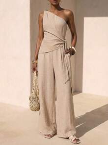 Zivah Women's Sleeveless Loose Jumpsuit With Asymmetric Shoulder Design - Khaki - View 7