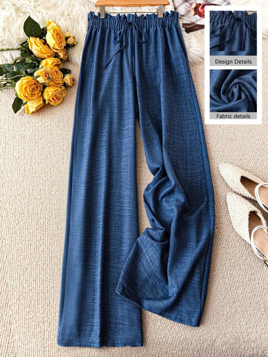 SHEIN PETITE CURVE Quần ống rộng cạp cao, thun co giãn, viền bèo nhún dành cho nữ cỡ lớn, trang phục công sở thanh lịch, quần tây màu xanh dương, phù hợp cho kỳ nghỉ hè. - Màu xanh lam - Xem 1