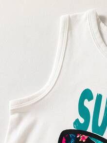 SHEIN Playful Pals Bộ đồ đi biển mùa hè 3 món cho bé trai | Áo tank top trắng không tay kiểu Hawaii cho bé trai/bé gái + Quần short in họa tiết nhiệt đới màu xanh "SUMMER TIME" + Mũ chống nắng cùng màu | Áo khoác ngoài đồ bơi đi biển | Trang phục chơi nước | Bộ đồ ngoài trời cho bé 4-7 tuổi | Bộ quần short và mũ thoải mái cho chuyến đi biển gia đình | Trang phục mùa hè mát mẻ - Nhiều màu - Xem 3