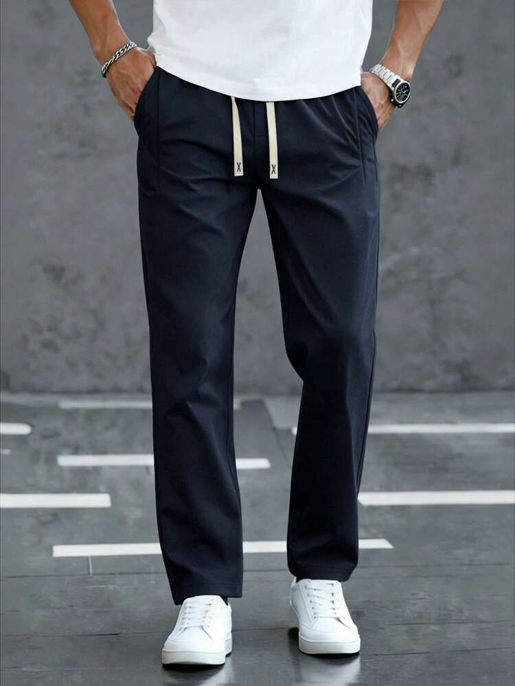 Manfinity Homme Men's Drawstring Waist Pockets Casual Versatile Daily Wear Pants - Navy Blue - View 5