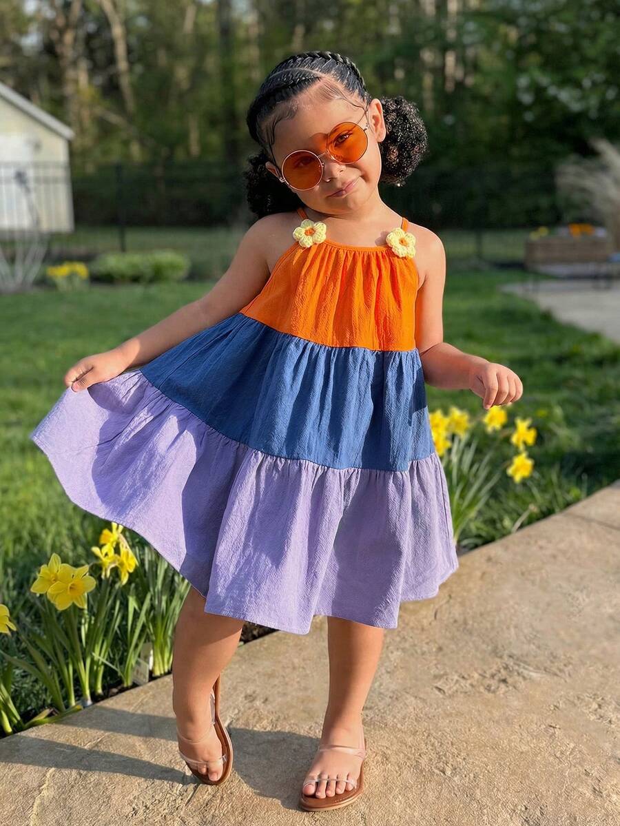 Young Girl Vacation Casual Street Chic Halter A-Line Color Block Dress, Suitable For Holiday, Beach, Seaside - Multicolor - View 1