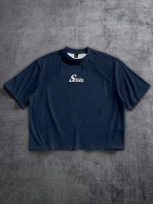 Manfinity ZONE917 Men's Letter Helmet & Figure Print Short Sleeve Casual T-Shirt - Blue - View 2