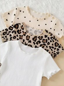 SHEIN 新生女宝宝可爱简约爱心图案荷叶边圆领短袖长裤针织睡衣套装，6件套 - 彩色 - 查看 4