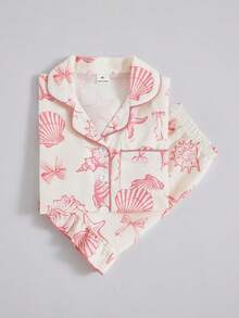 SHEIN Playful Pals 女童睡衣套装，舒适时尚的海洋元素印花，荷叶边下摆，优雅短袖上衣和短裤两件套家居服 - 杏色 - 查看 7
