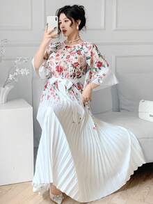 Feyla Petite 女士印花喇叭袖褶裥下摆优雅连衣裙 - 彩色 - 查看 5