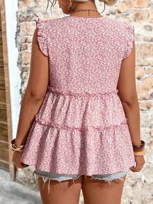 EMERY ROSE Blusa elegante de talla grande tejida con estampado floral, cuello en V, mangas volantes y ribete con volantes, adecuada para vacaciones, exteriores, uso diario, primavera/verano - Rosa - Ver 2