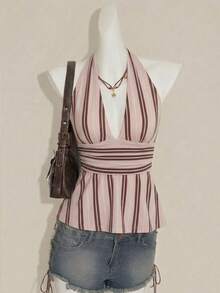 SHEIN ICON Áo tank top nữ kiểu dáng thường ngày, cổ chữ V khoét sâu, hở lưng, họa tiết sọc cổ điển Mỹ, phong cách Y2K, mùa hè. - Nhiều màu - Xem 6