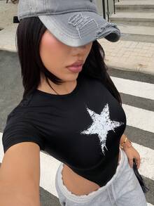 valorelle valorelle 女士春夏连体衣，女士T恤连体衣，女士短袖连体衣，星形图案设计，街头时尚风格，简约时尚连体衣，适合日常、街头、派对穿着 - 黑色 - 查看 3
