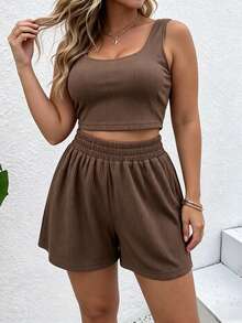 Plus Size Women Casual Vacation Style Cropped Tank Top And Shorts 2 Pieces Set - Brown - View 3
