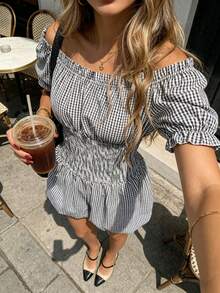Pariaura Women's Vacation Plaid Off-Shoulder Short Sleeve Shirred Waist Romper - Black - View 1