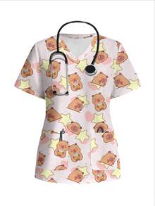 PopScrub Casual Minimalist Retro Elegant Commuting Versatile Warm Pink Star Pattern Cute Print Women's Uniform Top - Multicolor - View 1