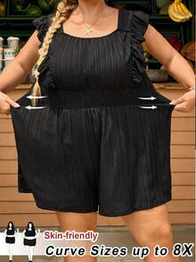 SHEIN CURVE+ Plus Size Solid Color Minimalist Sleeveless Jumpsuit, Casual Everyday Wear - Black - View 1
