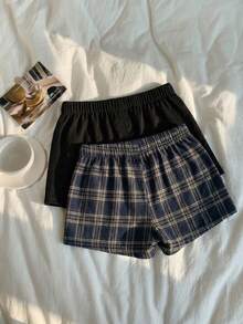Comfortcana 2 piezas Conjunto de shorts casuales de mujer con parche bordado de letra y pantalones cortos de cintura baja de unicolor ultra cortos, adecuados para vacaciones, verano, graduación, regreso a la escuela, festival de música. 2 piezas Shorts a cuadros de mujer. Shorts tipo bóxer a cuadros de mujer. 3 piezas Boxers cortos casuales a cuadros de mujer - Multicolor - Ver 2
