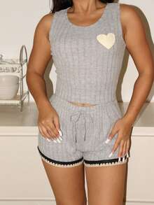 EasyFave Damen Herz-Muster Trägerhemd und Shorts Pyjama Set - Verschiedenfarbig - Übersicht 4