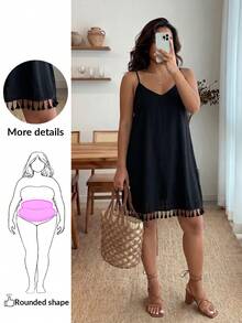 Đầm hai dây cỡ lớn phong cách Boho viền tua rua, thích hợp cho mùa hè, đi biển, dự tiệc. - màu đen - Xem 2