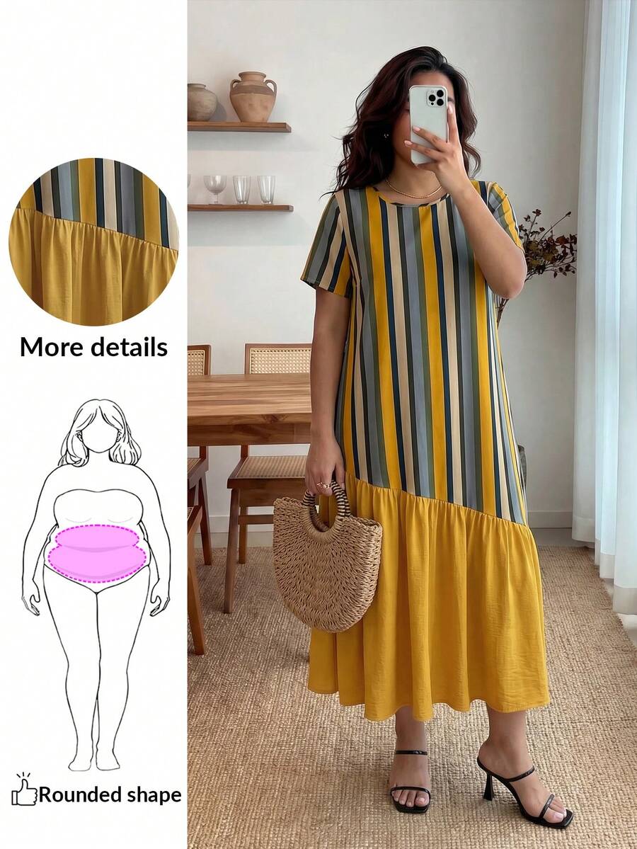 Enliva Đầm cổ tròn cỡ lớn cho nữ mùa hè - Màu Mù tạt vàng - Xem 1