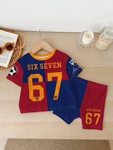 SHEIN 2pcs/Set Young Girl Casual Minimalist Short Sleeve Shorts Outfit, Suitable For Summer, Classic Football Baby Design, Cool Color Block Patchwork Print, Slogan "6,7,SIX,SEVEN" Print, Football Graphic Print, Suitable For Sports, Suitable For Spring & Summer - Multicolor - View 2