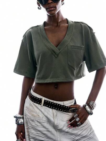 LYSMO Petite Áo thun nữ cổ chữ V tay ngắn có túi, kiểu dáng thường ngày, dáng lửng.