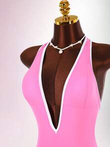 Amplova 1pc Women's Black & White Contrast Color Sexy Bodysuit, Tight-Fitting One-Piece Swimsuit With Deep V-Neck, Open Back And Bowknot, Suitable For Valentine's Day High-End Outfit - Pink - View 6