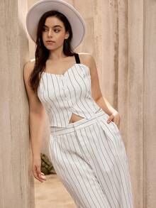 Flouryn Women's Striped Patchwork Black Webbing Camisole Paired With Striped Straight-Leg Pants, Daily Commute 2 Pieces Set - Black and White - View 1