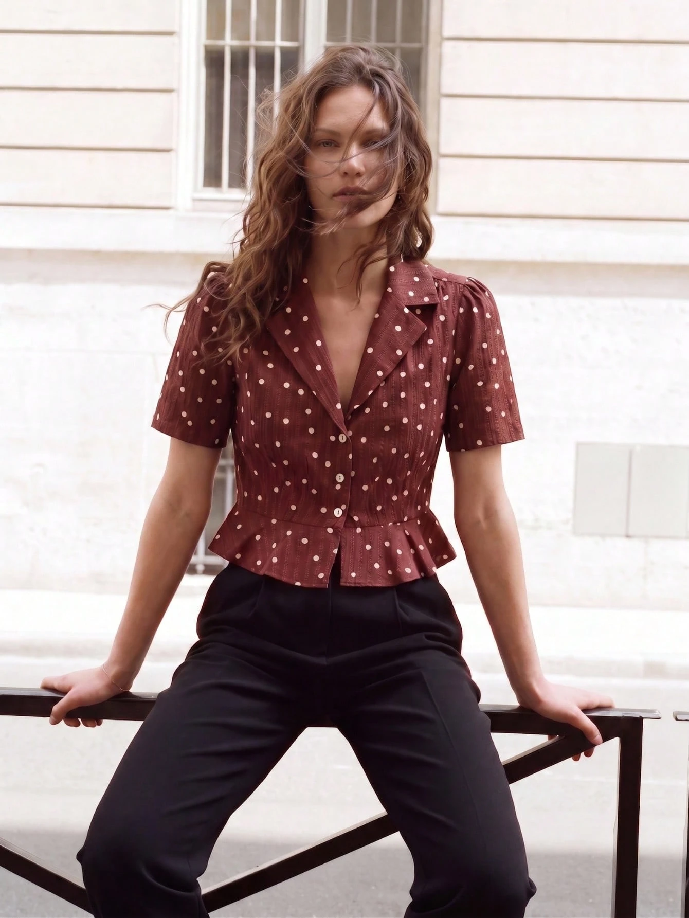 Vintage Brown Blouse With White Polka Dots, Tailored Collar, And Chic Peplum-Style Cut Vintage Cute Top Spring Summer Vacation Top Holiday Top Business Casual Office Top Work Top French Style Parisian Style