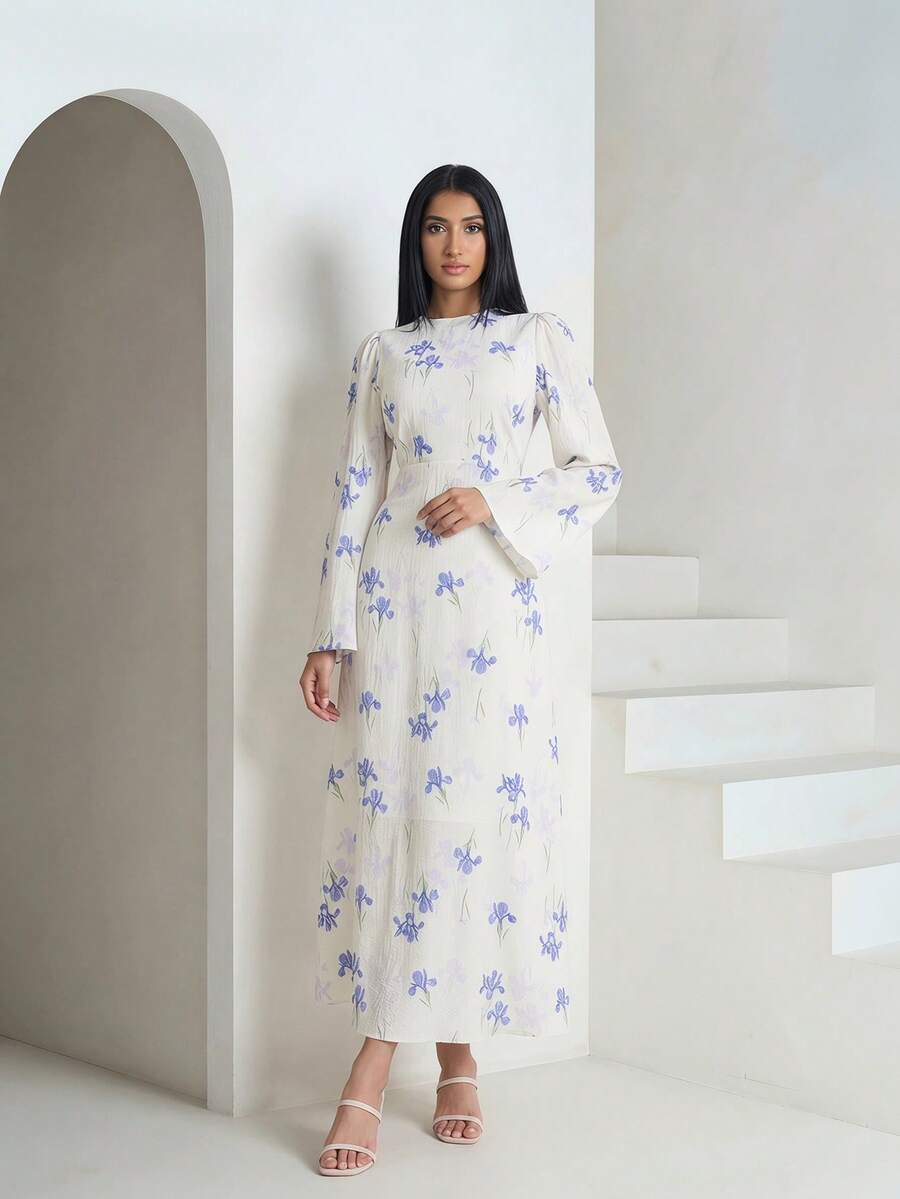 Veilorie 端庄优雅的阿拉伯风格花卉图案女式连衣裙 - 彩色 - 查看 1