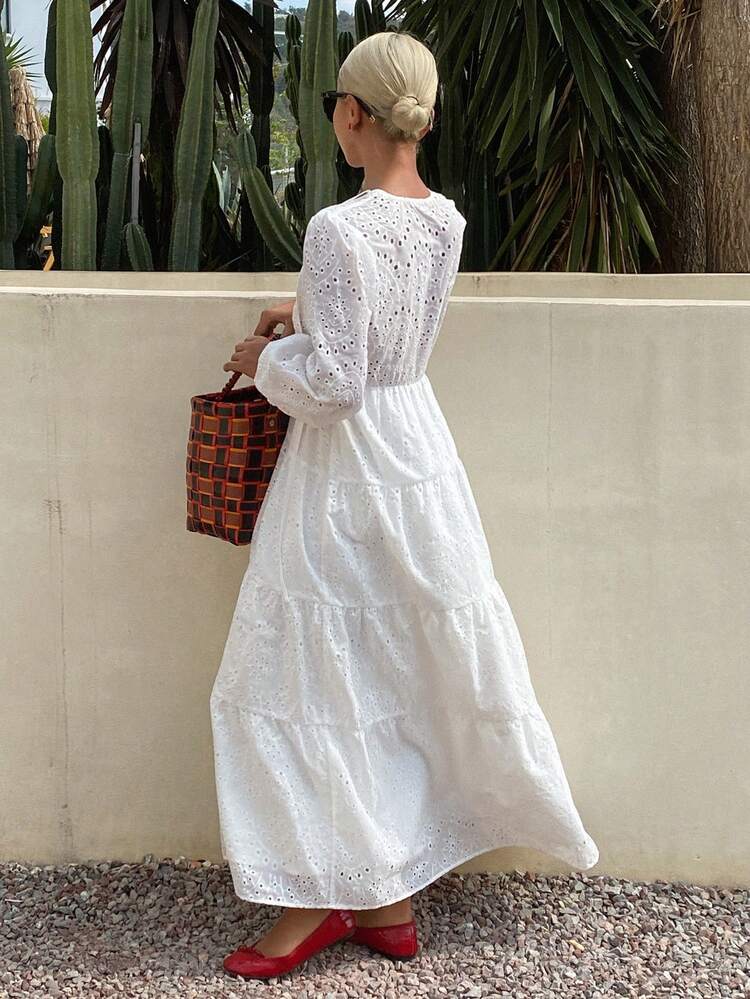 Casual Vacation Style Loose White Lace Dress, Spring & Summer