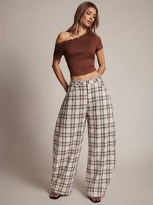 SHEIN Haute New Arrival Retro Plaid Loose Casual Pants For Women - Apricot - View 4