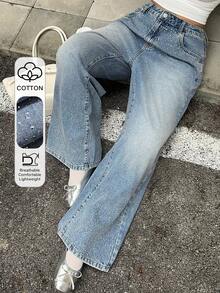 Dazy Plus Plus Size Women's Casual Elegant Gradient Rhinestone Design Loose Straight Leg Jeans, Suitable For All Seasons - Light Wash - View 2