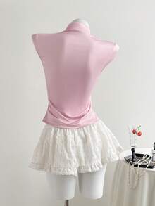 Elamini Retro Chinese Style Printed Stand Collar Button Slim Fit Summer T-Shirt For Women - Pink - View 2