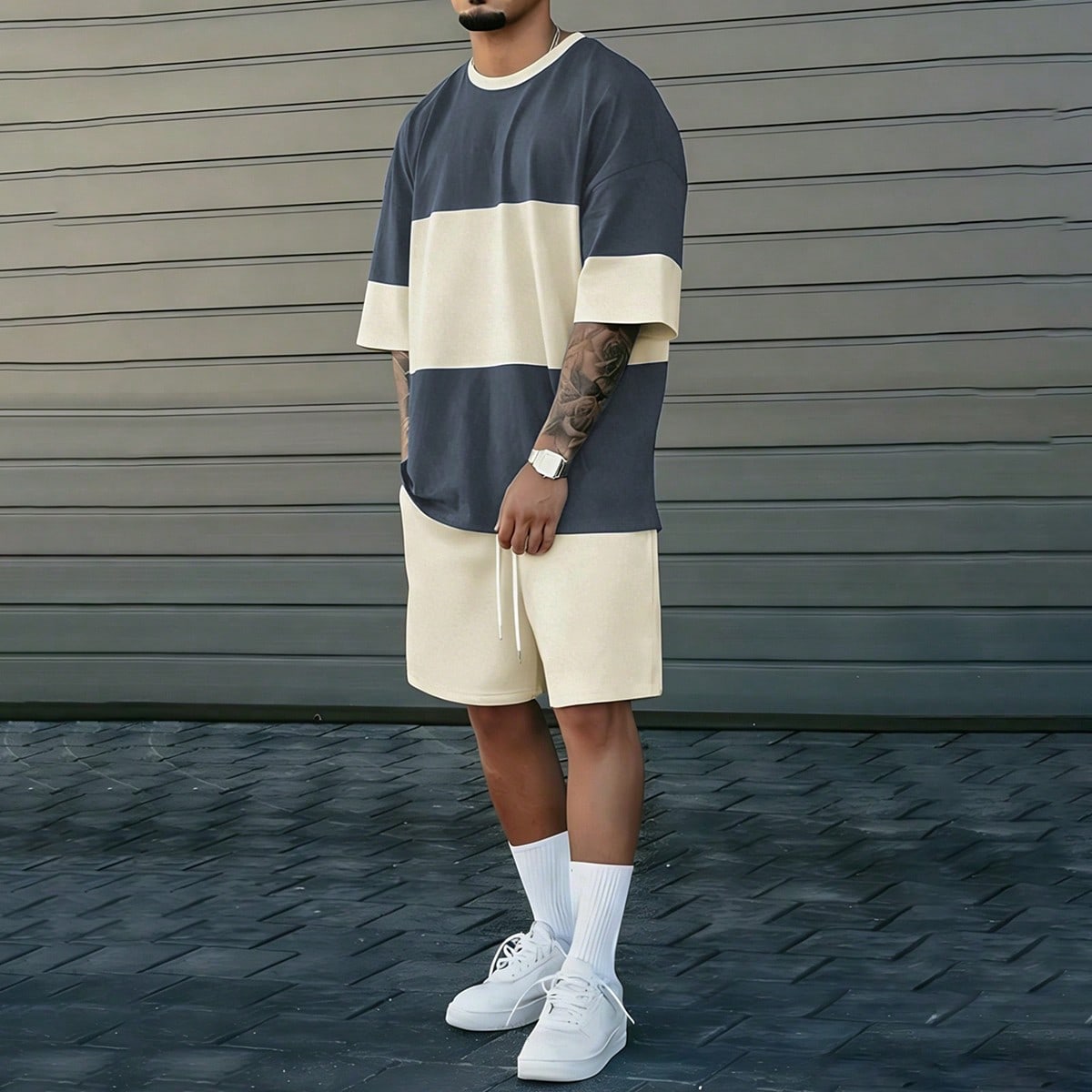 Conjunto de camiseta casual de bloques de color y pantalones cortos con cordón para hombre