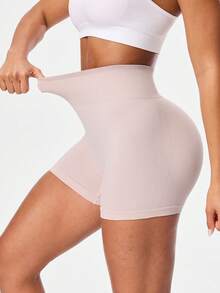 Seamluxe SHEIN Sport 女士无缝高腰塑身运动短裤，夏季 - 米色 - 查看 1