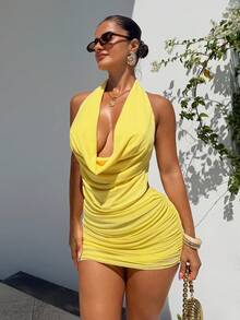 SHEIN SXY Sexig, lågskuren mesh-outfit för stranden och semestern - Ljusgul - Visa 5