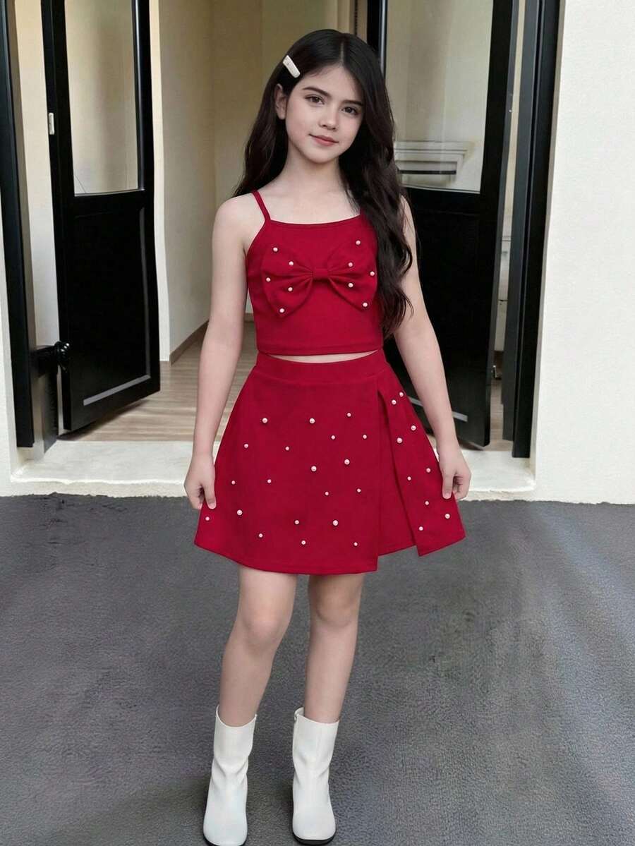 Sparklyn Girls' Bowknot Pearl Camisole Top And Pearl Skort 2-Piece Set, Red, Comfortable, Elegant, Suitable For Party, Outdoor, School, Vintage, Chic Mermaid Skirt And Top Set Red Mini Skirt Cute Outfits For Girls 8 Years Old Girl Outfit Teen Girl Clothes 2 Piece Sets
