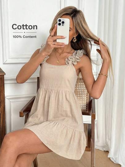 Easowa 100% Cotton Ruffled Strap Backless Bow Tie Ruched Layered Ruffle Hem Umbrella Dress, Casual Relaxed Elegant Commuter Vintage Style Summer Dress For Women