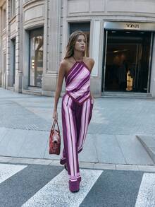 Nöista Women's 2pcs Halter Neckline Co-Ord Set, Diagonal Stripes Top Vertical Stripe Wide-Leg Pants, Pink, Summer, Casual, Vacation, Spring, Easter - Purple - View 5