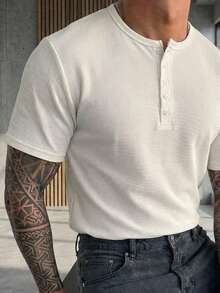 DAZY Camiseta básica de media cremallera con textura y unicolor para hombre - Blanco - Ver 7