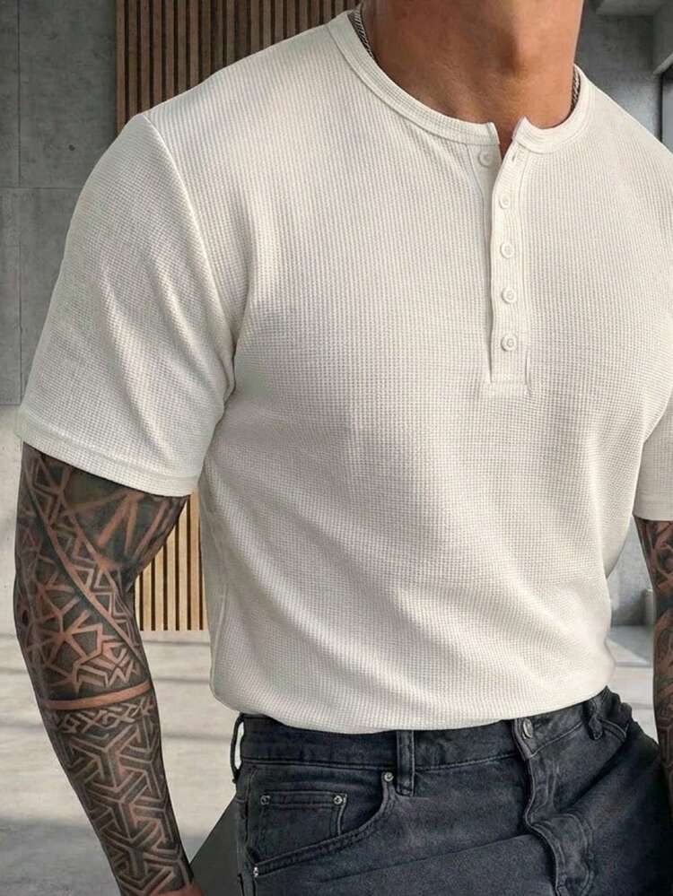 Men's Textured Solid Color Basic Half-Zip T-Shirt